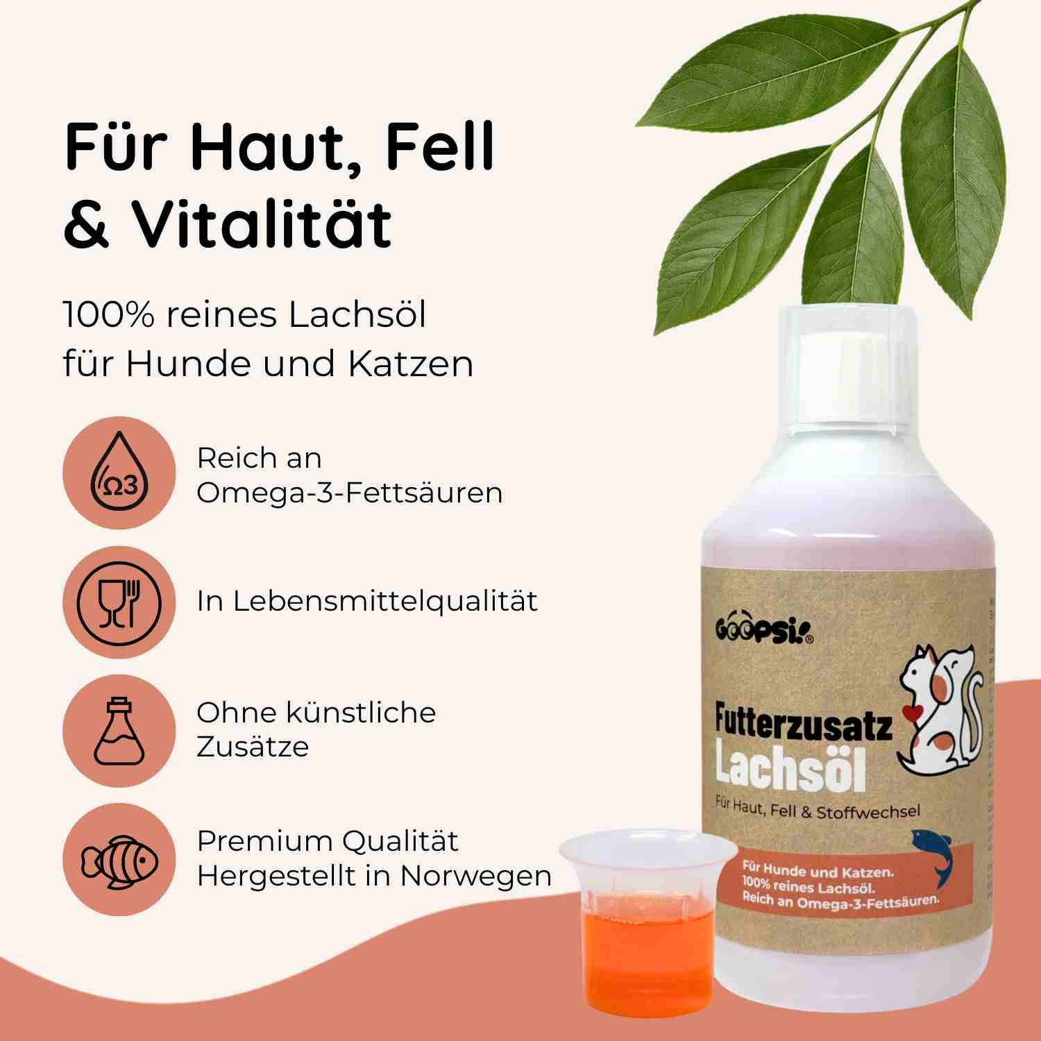 Flasche mit Lachsöl für Hunde und Katzen. "Futterzusatz Lachsöl". Reich an Omega-3-Fettsäuren.