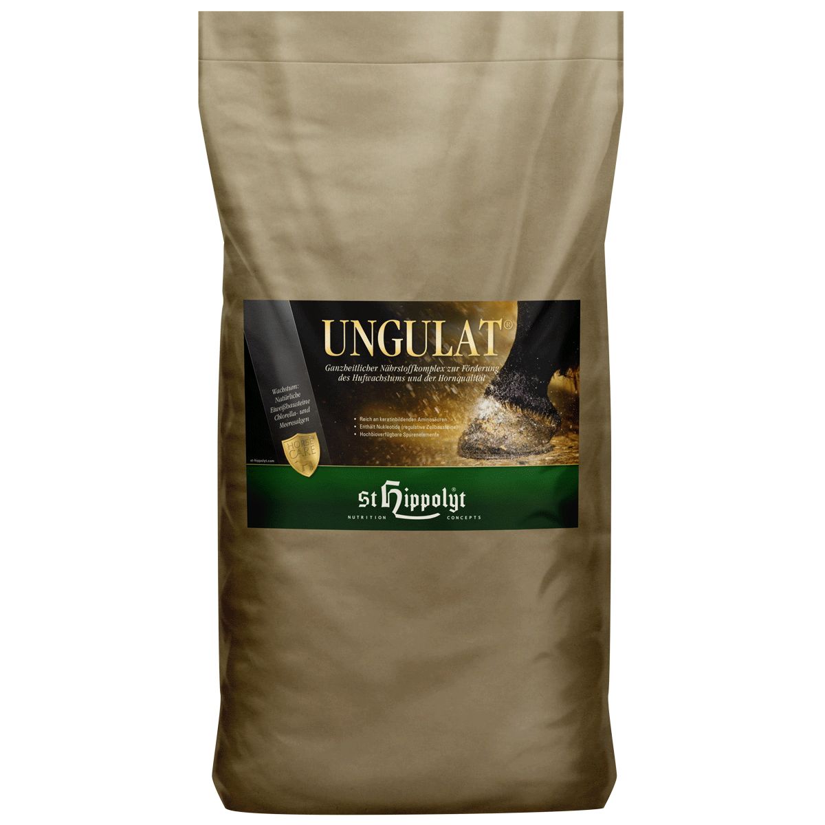 Beige Sack mit Produktetikett. Ungulat-Schriftzug, St. Hippolyt Logo. Abbildung eines Pferdebeins.