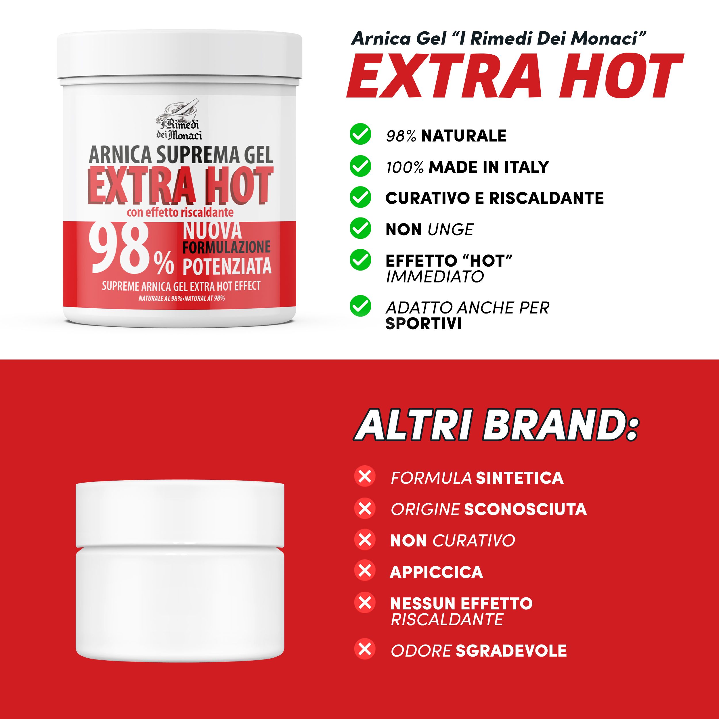 Weißer Tiegel mit rotem Etikett. Text: Arnika Gel Extra Hot. Aufzählung: 98% natürlich, 100% Made in Italy, heilend, nicht fettend.