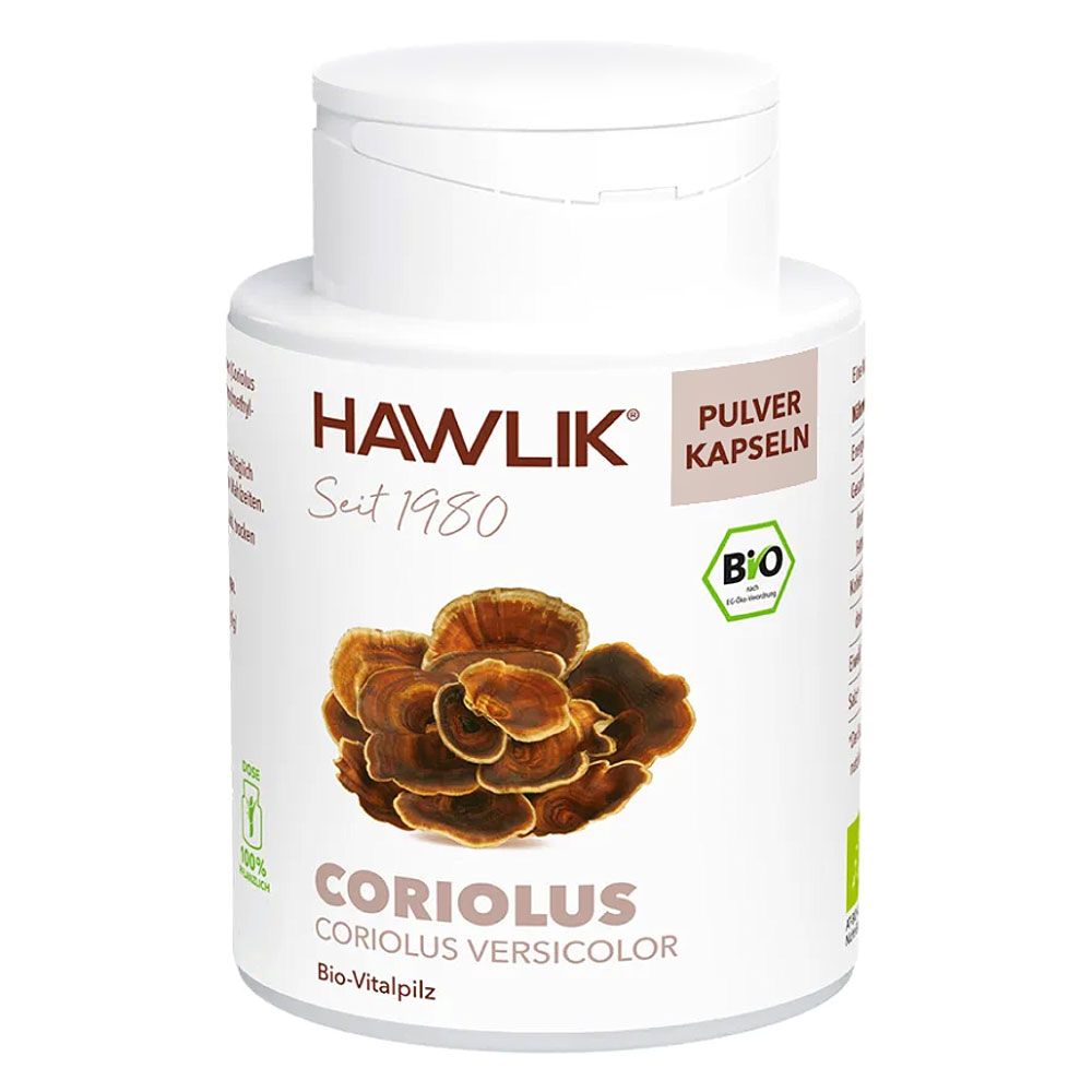 Weiße Flasche mit "HAWLIK"-Logo und "Coriolus"-Bezeichnung. "Pulver Kapseln" und Bio-Siegel. Abbildung von Pilzen.
