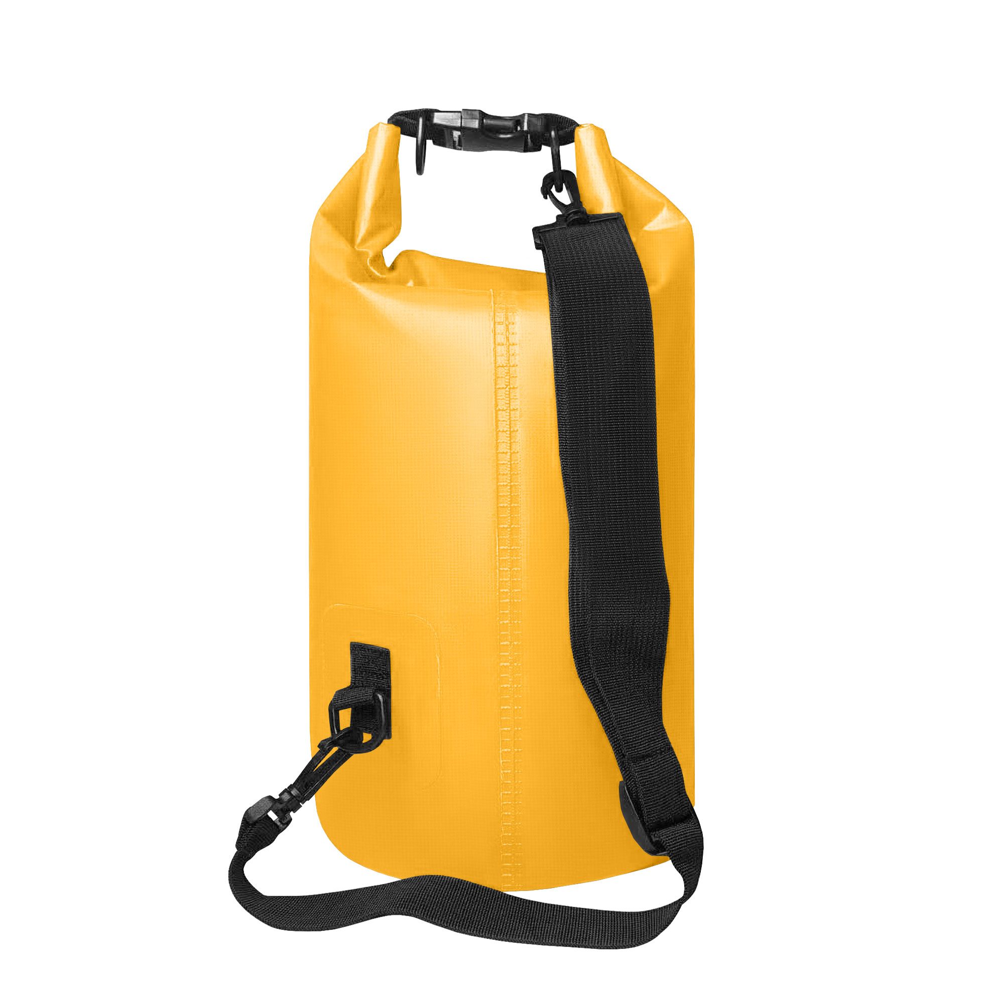 Gelber Packsack, Rückansicht. Schwarzer Schultergurt und Befestigung. Zylinderform. Nähte sichtbar.