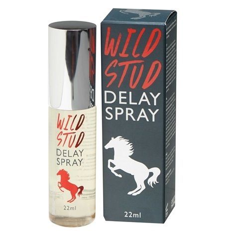 Sprayflasche und Schachtel. Aufschrift "Wild Stud Delay Spray". Roter Pferdekopf. Silberne Kappe. 22ml.
