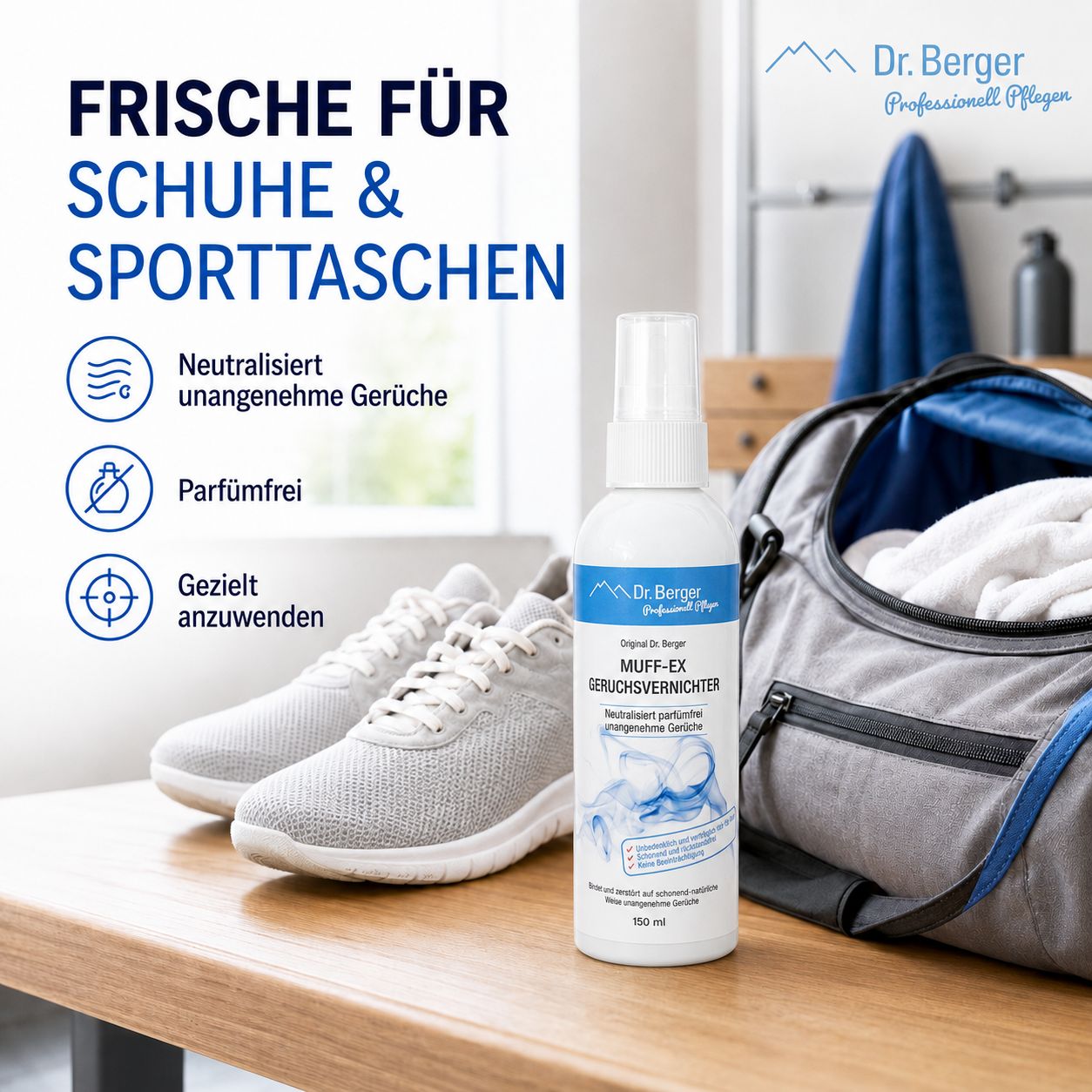 Dr. Berger Muff-Ex Geruchsvernichter Flasche neben Sportschuhen und Sporttasche.