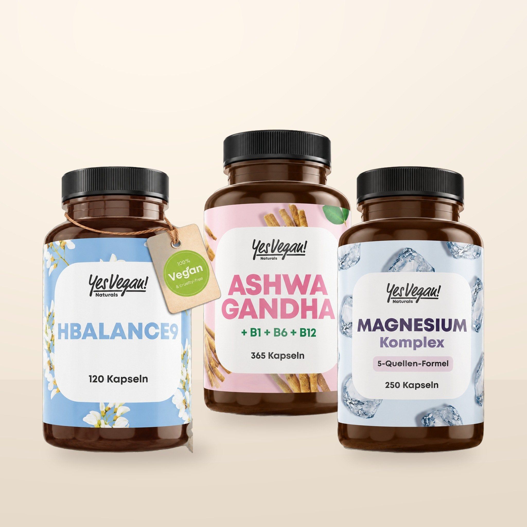Drei Yes Vegan Produkte: HBalance9 (120 Kapseln), Ashwagandha (365 Kapseln) und Magnesium Komplex (250 Kapseln).