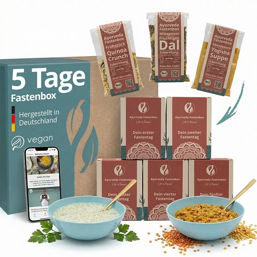 Box mit Aufschrift 5 Tage Fastenbox. Schalen mit Speisen. Smartphone mit App-Anzeige.