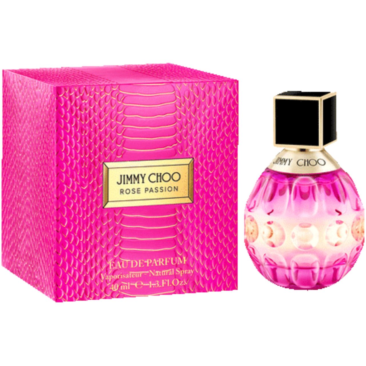 Rosa Flakon und Verpackung. Goldener Schriftzug: Jimmy Choo Rose Passion. 40 ml. Pinke Schachtel mit Schlangenmuster.
