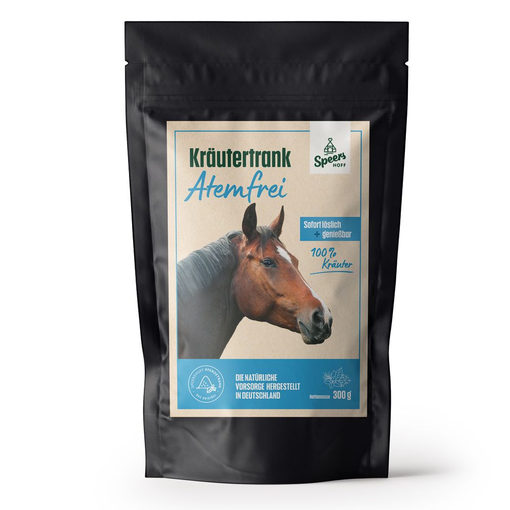 Schwarze Verpackung mit Produktetikett. Etikett mit Kräutertrank, Atemfrei, Pferd-Illustration und Speers Hoff Logo. 100% Kräuter.