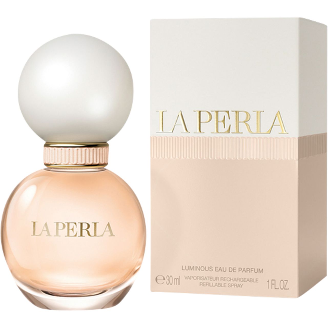 Runder Flakon mit weißem Deckel und goldfarbenem Hals. Daneben eine rechteckige Verpackung. Auf beiden steht "La Perla".