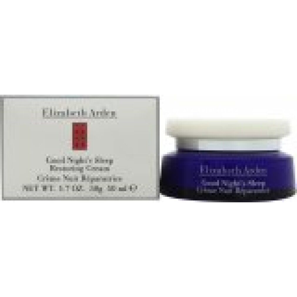 Blaues Creme-Glas mit weißem Deckel und Karton. Aufschrift: Elizabeth Arden Good Night's Sleep Restoring Cream. Karton mit Produktinformationen.