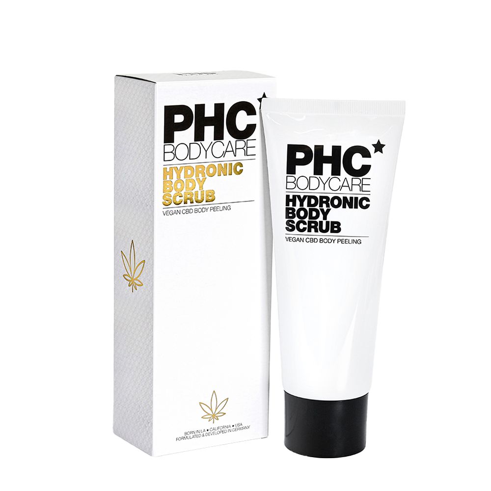 Weiße Tube PHC Bodycare Hydronic Body Scrub und Verpackung. Schwarze Schrift, goldene Akzente, Hanfblatt-Logo. Vegan CBD Body Peeling.