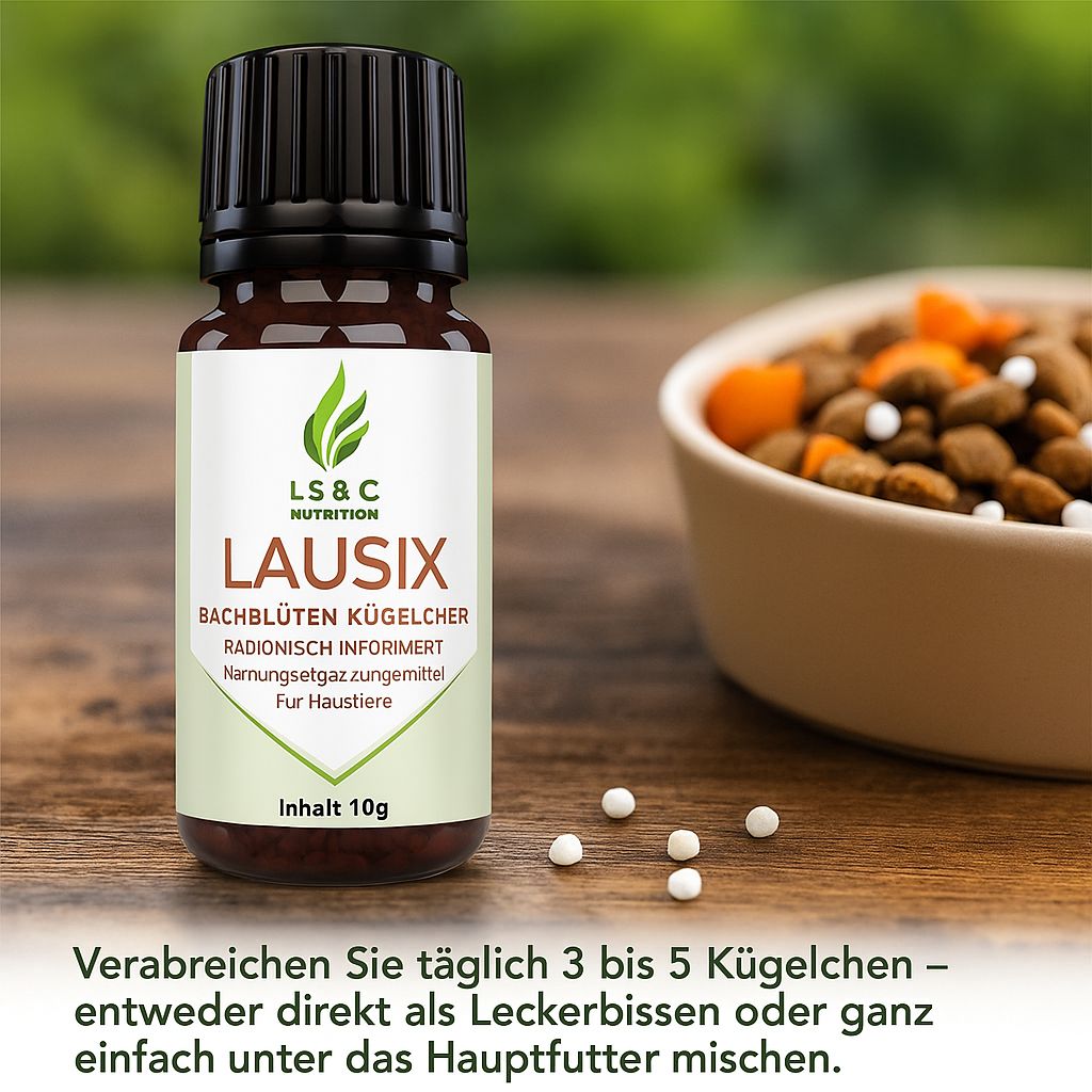 Braune Glasflasche mit schwarzem Deckel. Weißes Etikett mit Logo, Produktname und Text. Futter und Kügelchen.