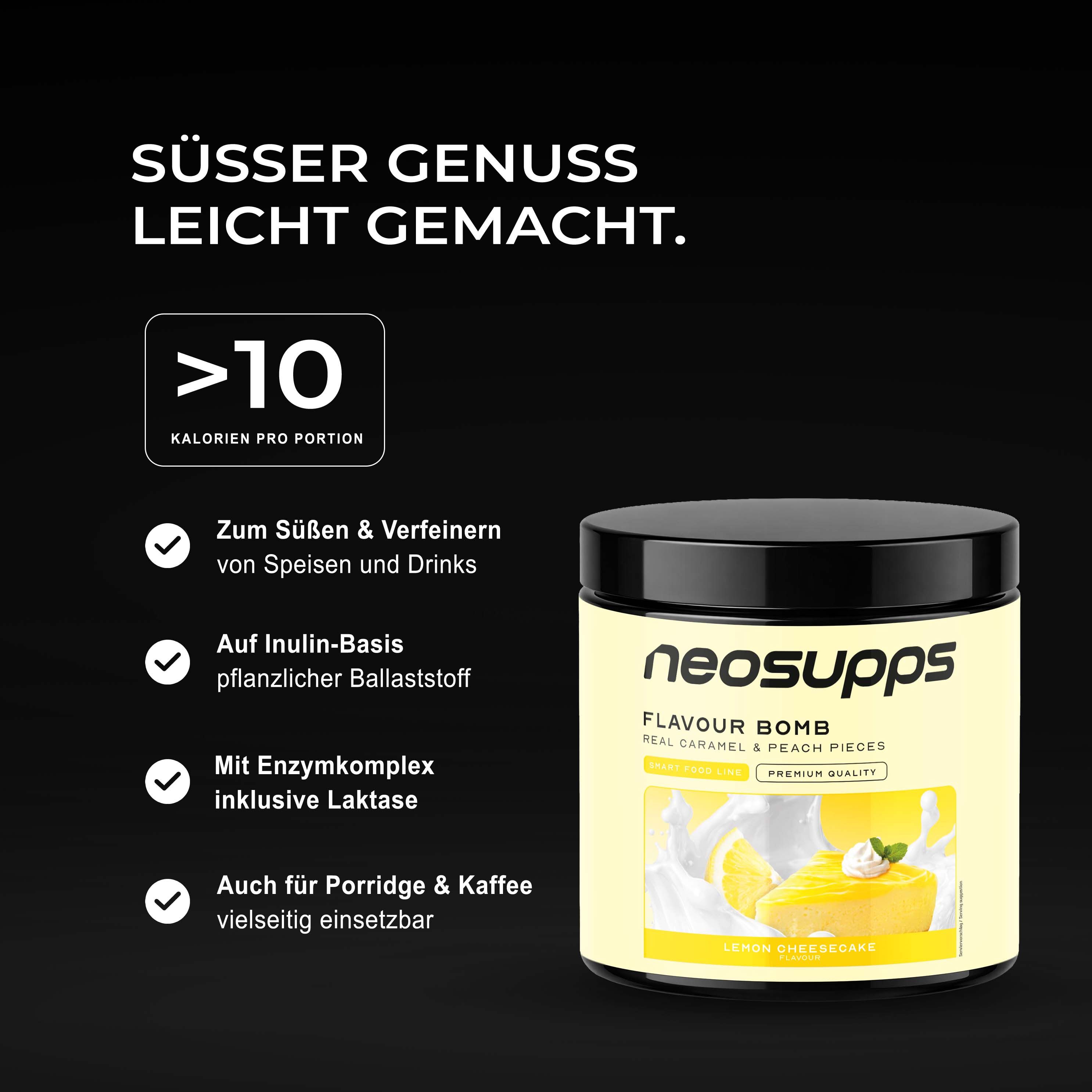 Neosupps Flavour Bomb Double Chocolate Aroma-Pulver Dose mit Aufkleber 'Vegan' und 'Made in Germany'.