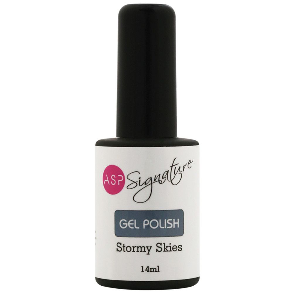 Nagellackflasche mit schwarzem Deckel. Etikett mit "ASP Signature Gel Polish". Farbe: "Stormy Skies", 14ml.