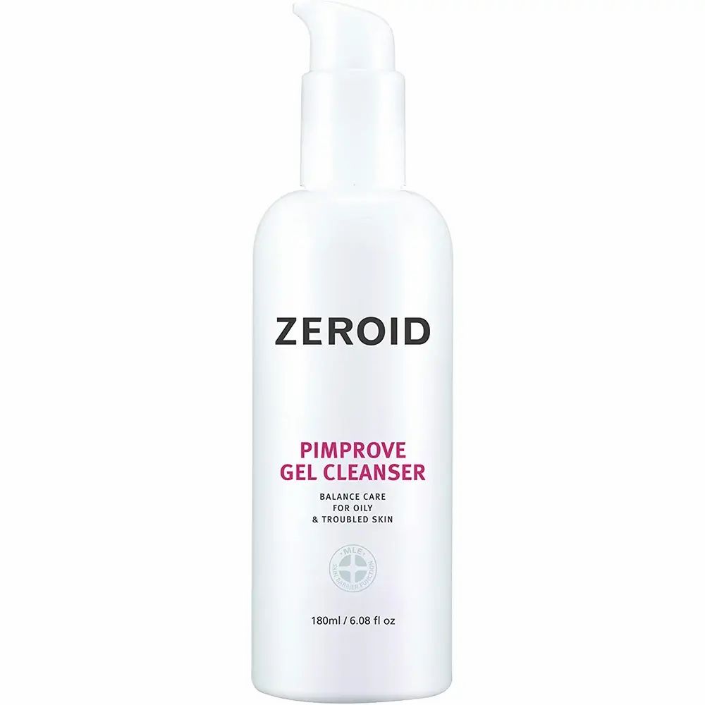 Weißer ZEROID Pimprove Gel Cleanser. Flasche mit Pumpverschluss. Text: Pimprove Gel Cleanser, Balance Care for Oily & Troubled Skin.