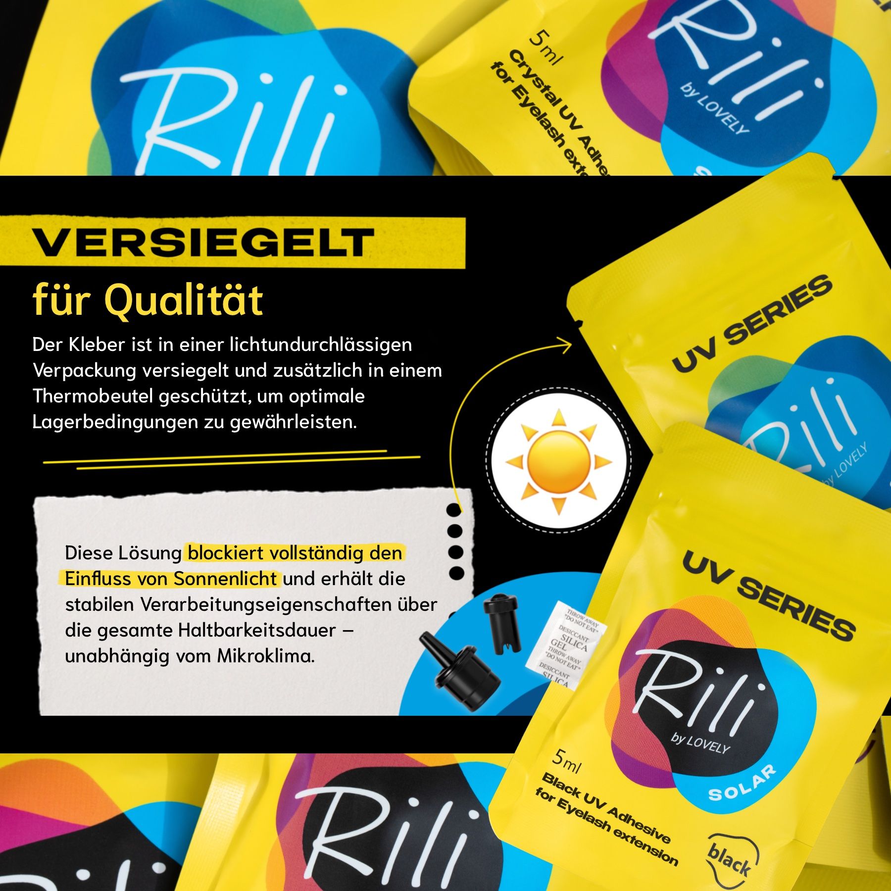 Gelbe Verpackungen mit Kleber. Text: Rili by LOVELY, UV SERIES, 5ml. Versiegelt für Qualität.