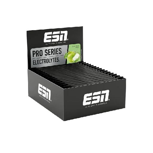 ESN-Displaybox mit Electrolytes Pro-Sticks. Schwarze Box mit weißem Logo und Schriftzug. Grün-Apfel-Geschmack.