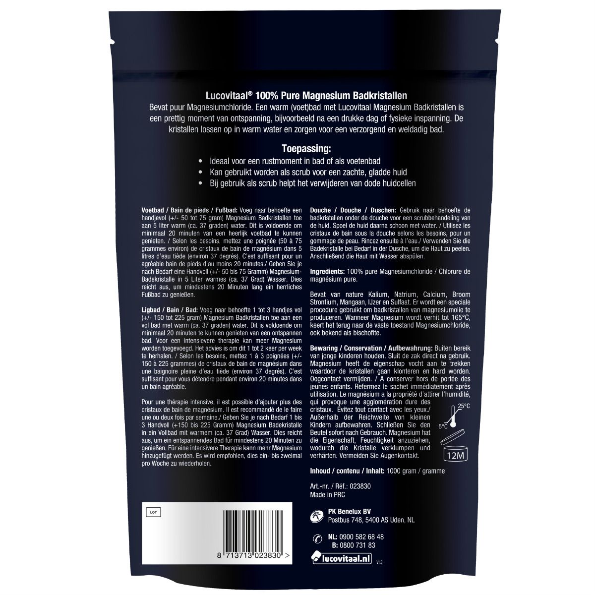 Rückseite der Verpackung mit Text. Enthält Informationen zu Anwendung, Inhaltsstoffen und Dosierung. 12M-Symbol.