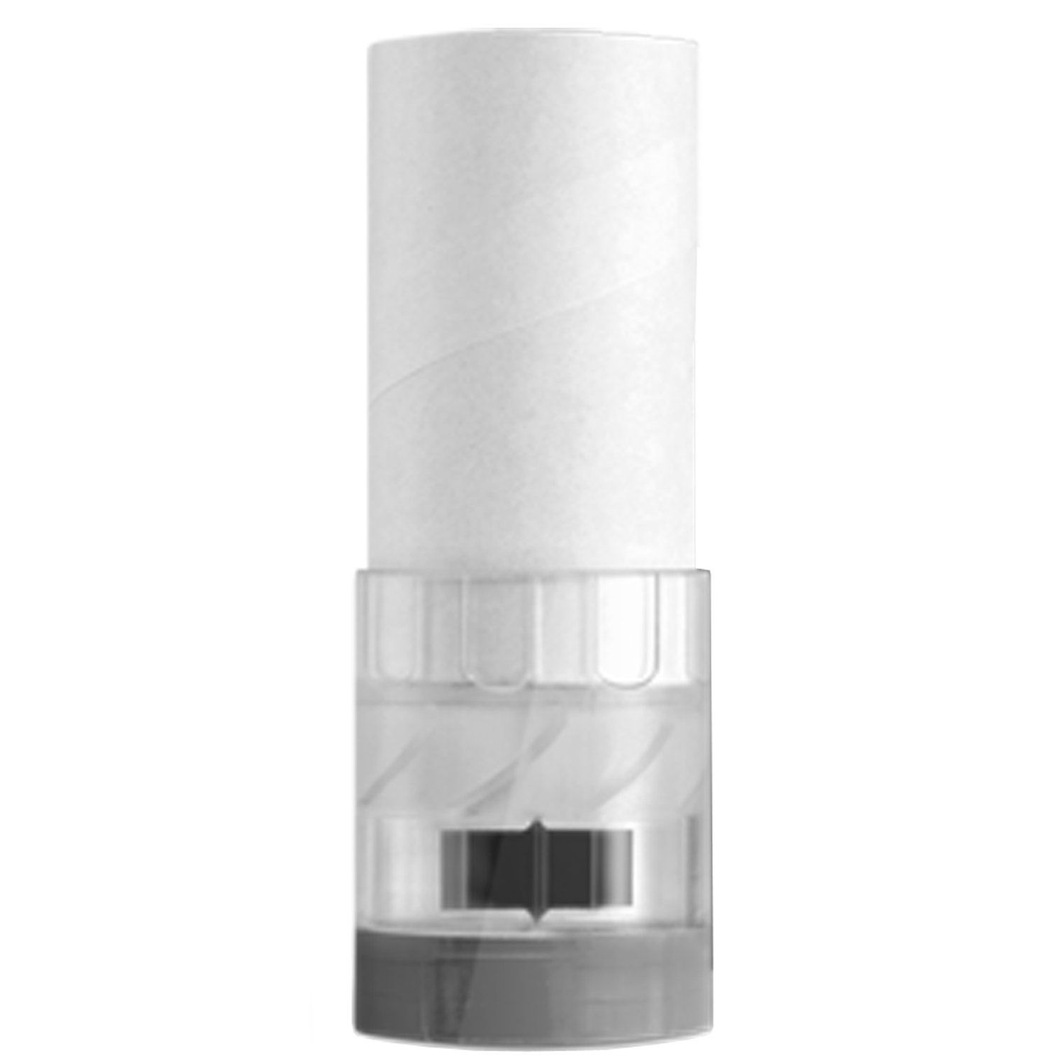 Turbine mit Mundstück, transparentes Gehäuse, weißes Papierrohr, schwarzes Element im Inneren.