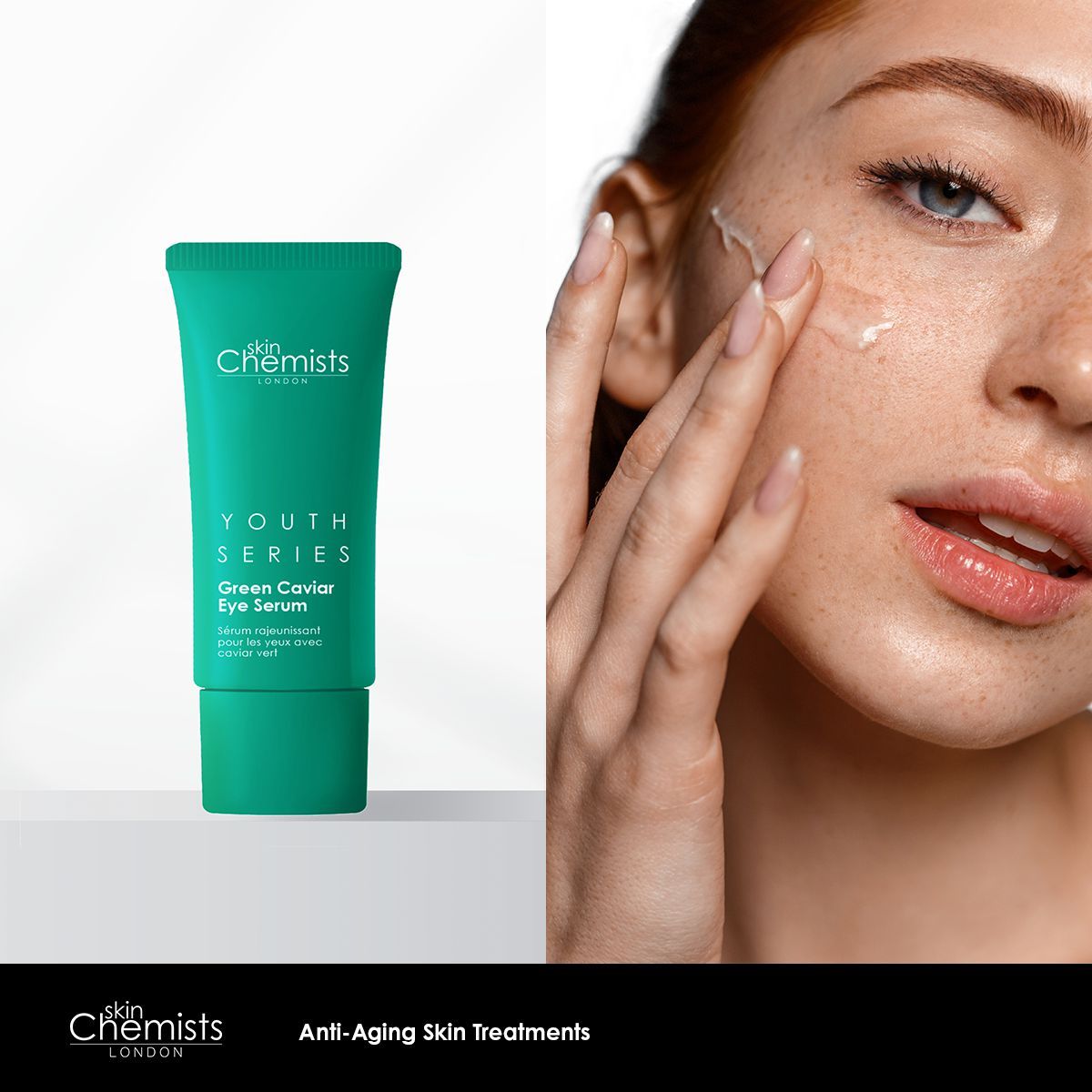 Grüne Tube mit "skinChemists" und "Green Caviar Eye Serum". Text: "Youth Series". Frau trägt Serum auf.