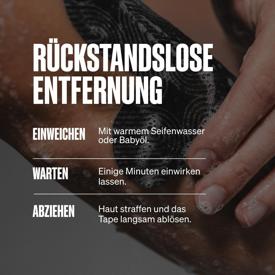 Entfernung von Kinesiologie-Tape mit warmem Seifenwasser. Einweichen, warten, langsam abziehen.