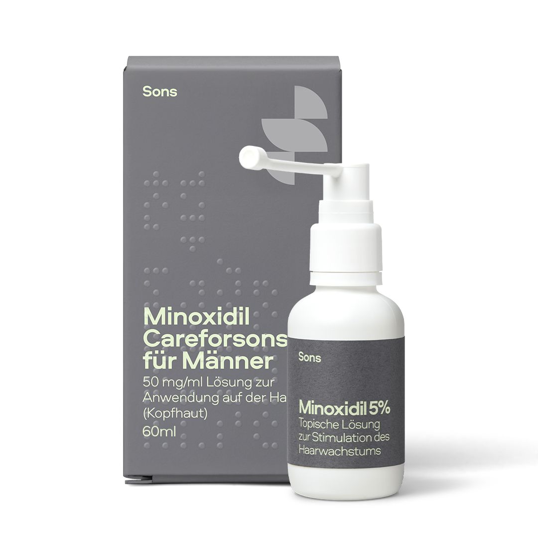 Minoxidil-Lösung und Verpackung. Graue Schachtel mit Produktinformationen und weißer Flasche mit Applikator.