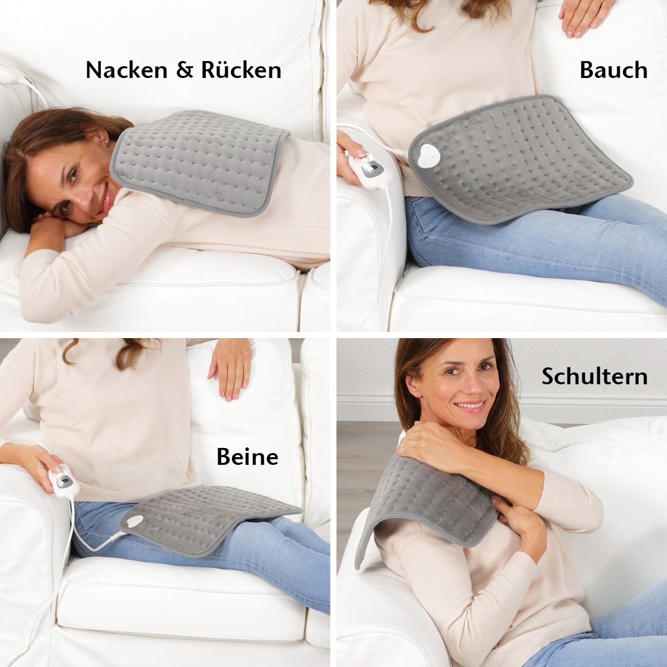 Vier Bilder zeigen die Anwendung des Heizkissens. Nacken, Bauch, Schultern und Beine. Frauen benutzen das Kissen auf Sofas.