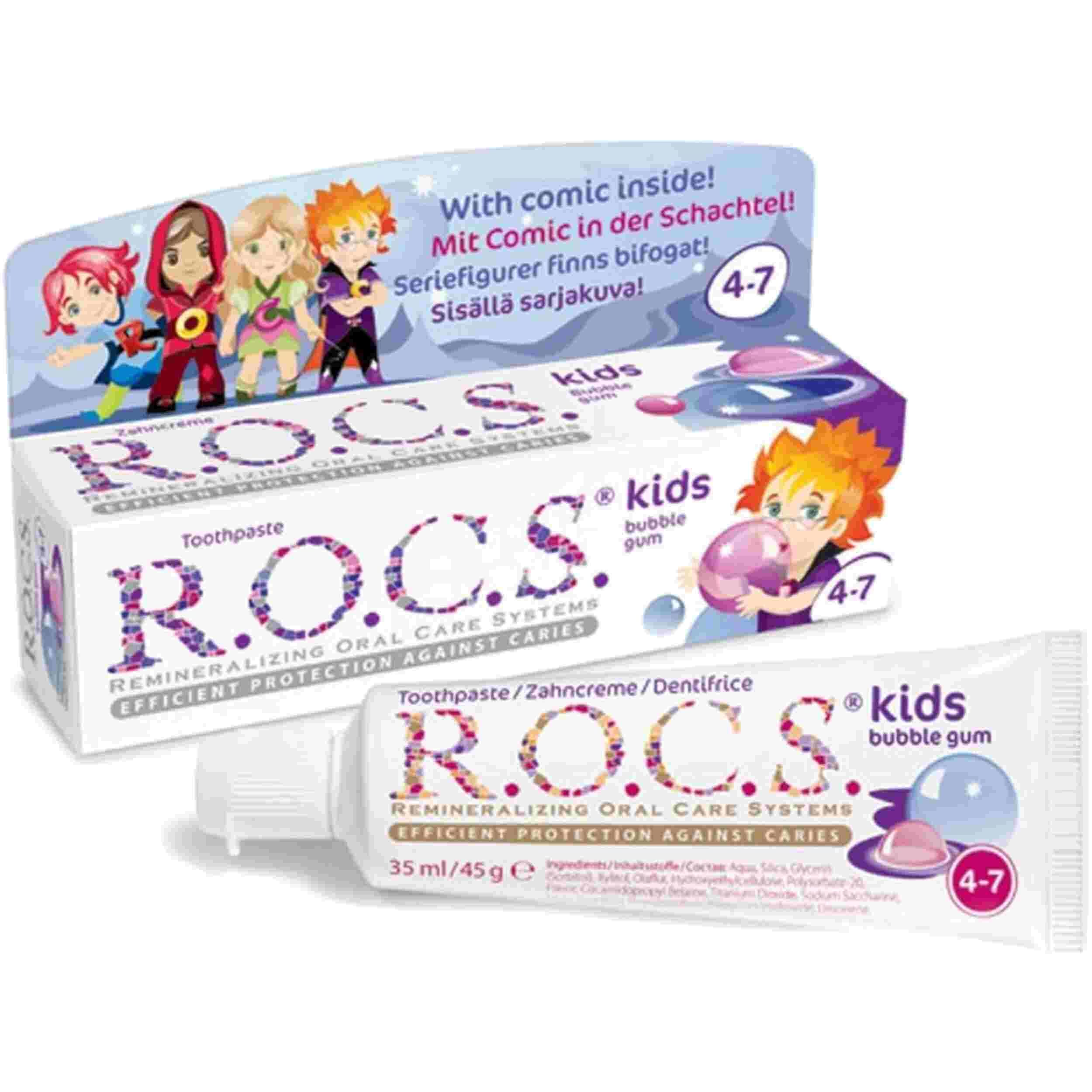 Zahnpasta-Tube und -Verpackung. Aufschrift: R.O.C.S. kids bubble gum. Mit Comic in der Schachtel. Für Kinder von 4-7 Jahren.