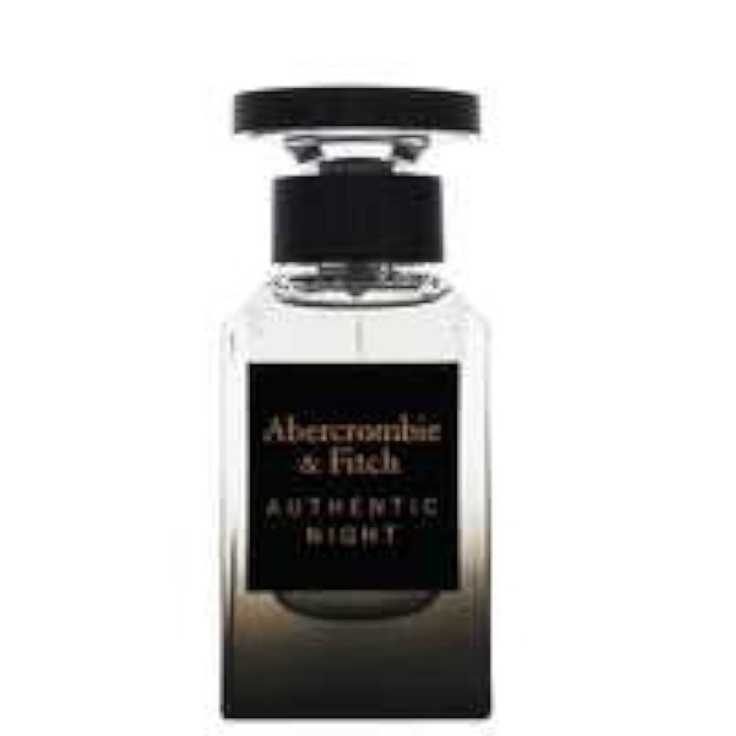 Glasflakon mit schwarzem Verschluss. Schwarzes Etikett mit weißer Schrift: Abercrombie & Fitch, Authentic Night. Farbverlauf von klar zu dunkel.