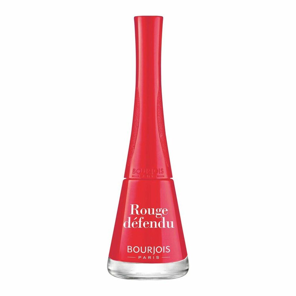 Roter Nagellackflakon. Aufschrift: Rouge défendu, Bourjois Paris. Glasflakon mit rotem Deckel.