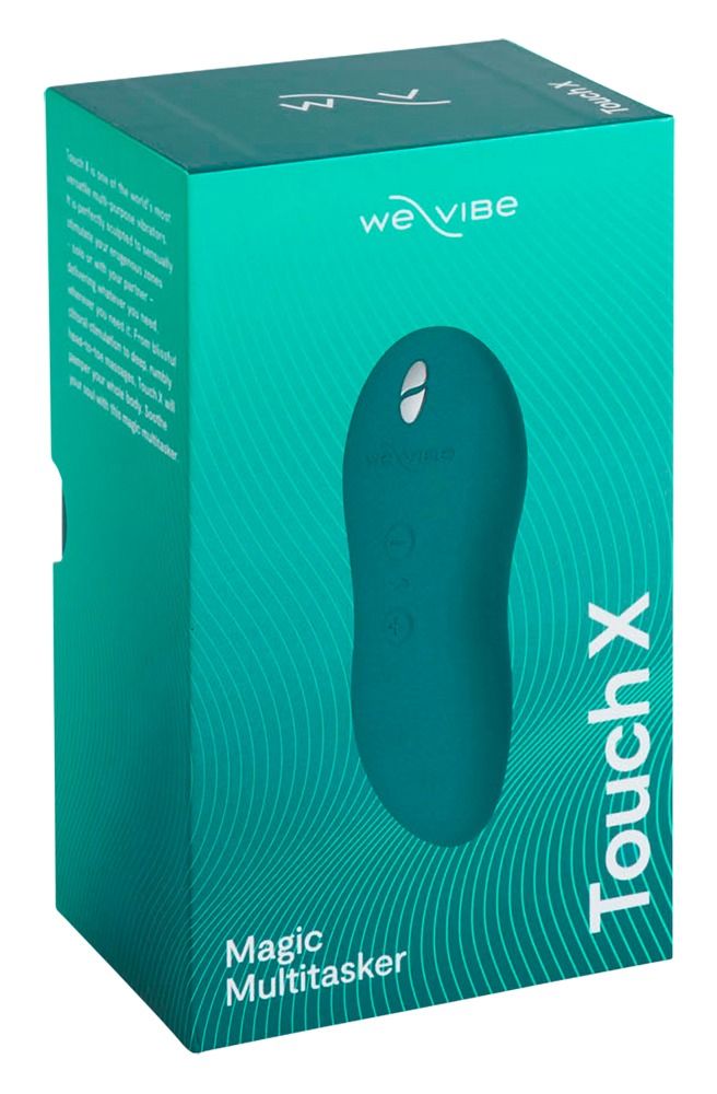 Grüne Produktverpackung mit Wellness-Produkt. Text: We-Vibe, Touch X, Magic Multitasker. Produkt in der Verpackung sichtbar.