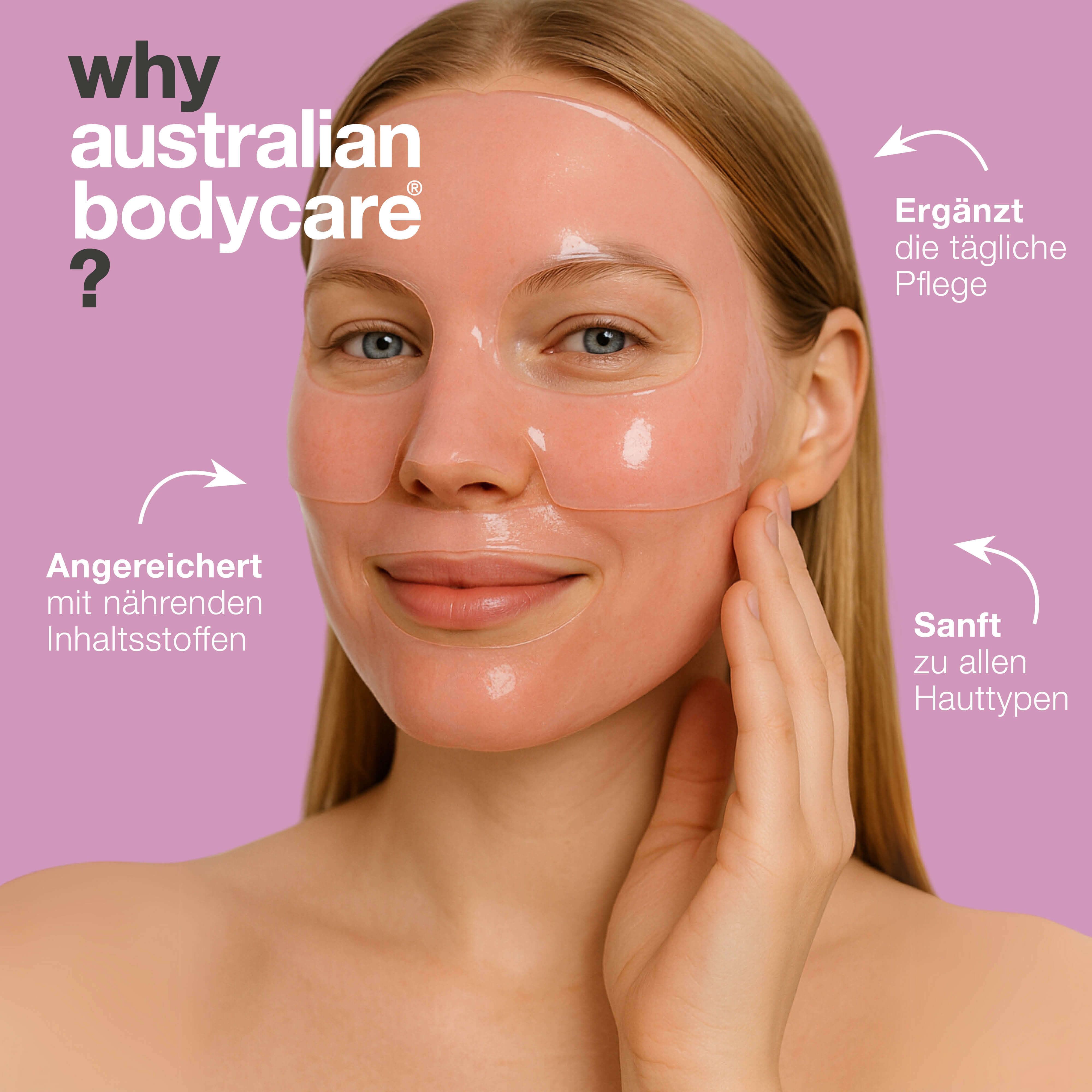 Rosa Maske und Text. Text: Australian Bodycare, tried + trusted, Zitate, 5 Sterne, + 34.000 Bewertungen.