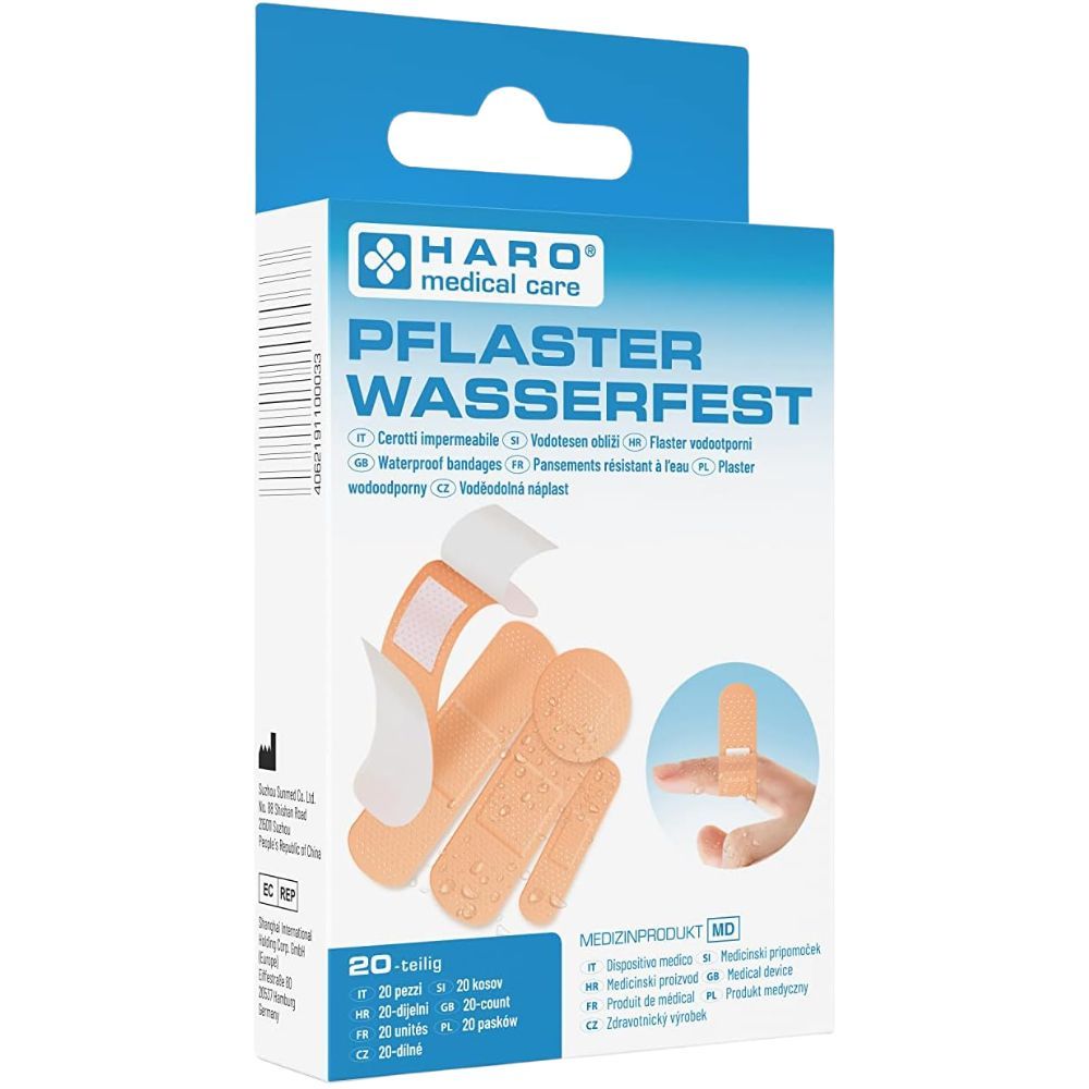Haro pleisterset. Doos met pleisters. Opschrift: Waterdichte pleisters. Bevat 20 stuks. Pleisters in verschillende vormen worden getoond.