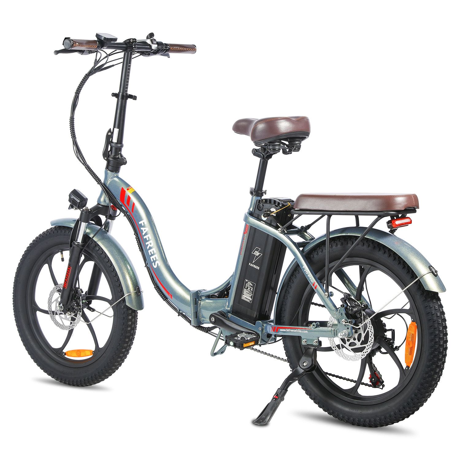 Fafrees F20 Pro E-Bike, blau, brauner Sattel, schwarze Reifen. Gepäckträger, Rücklicht, Scheibenbremsen.