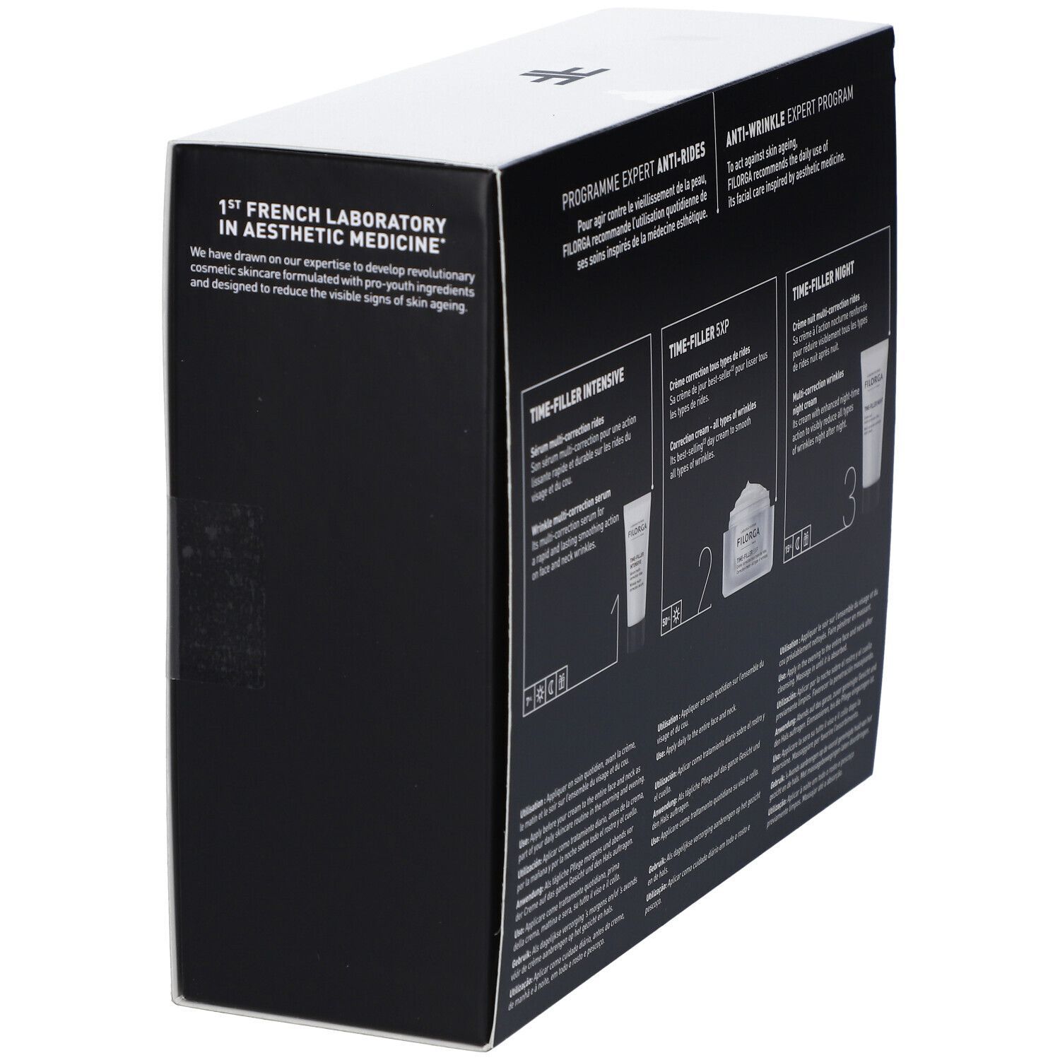 Coffret cosmétique noir et blanc. Texte : "1er Laboratoire Francais de Medecine Esthetique" et informations sur le produit.