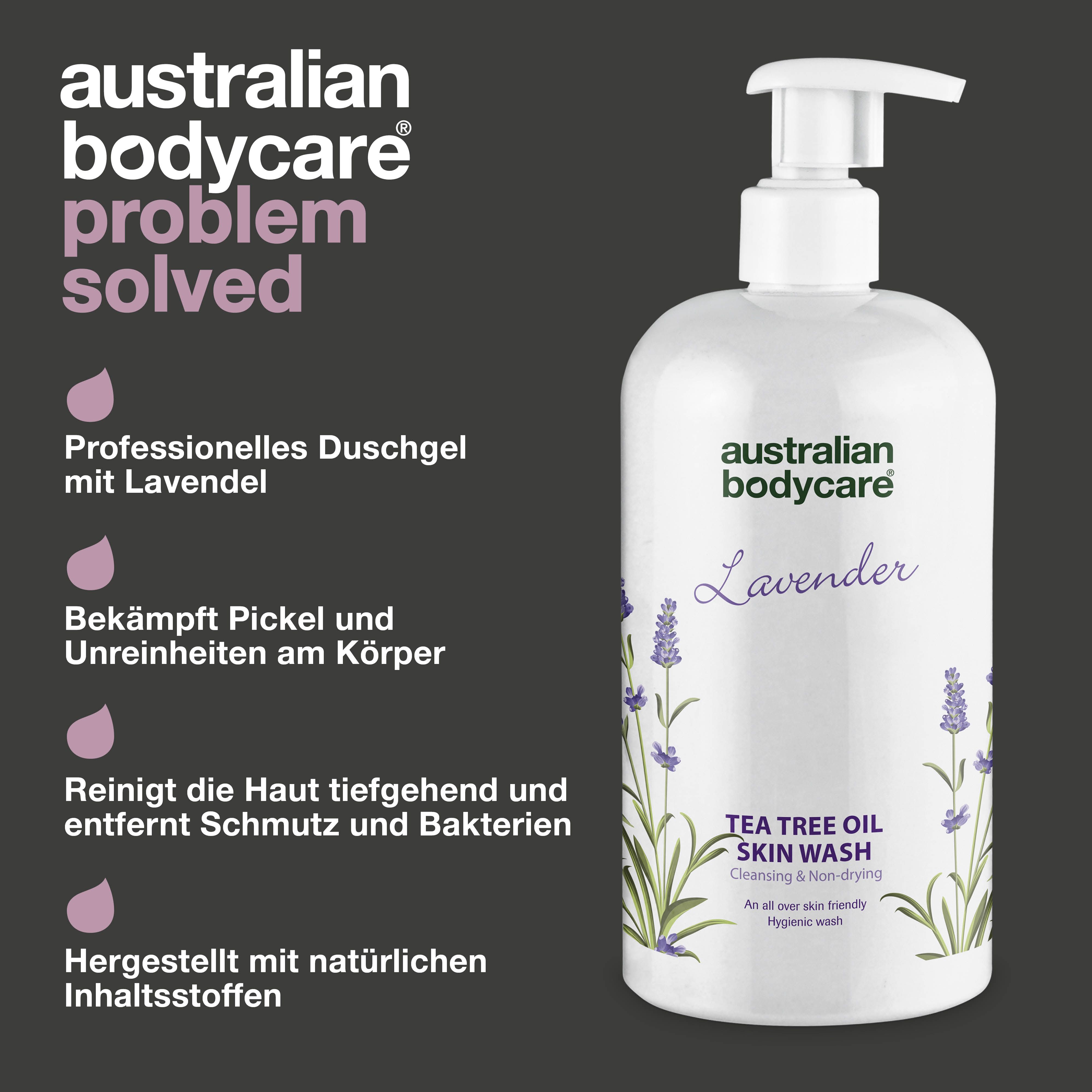 Produktabbildung: Flasche mit Pumpe. Text: Australian Bodycare, Professionelles Duschgel mit Lavendel.