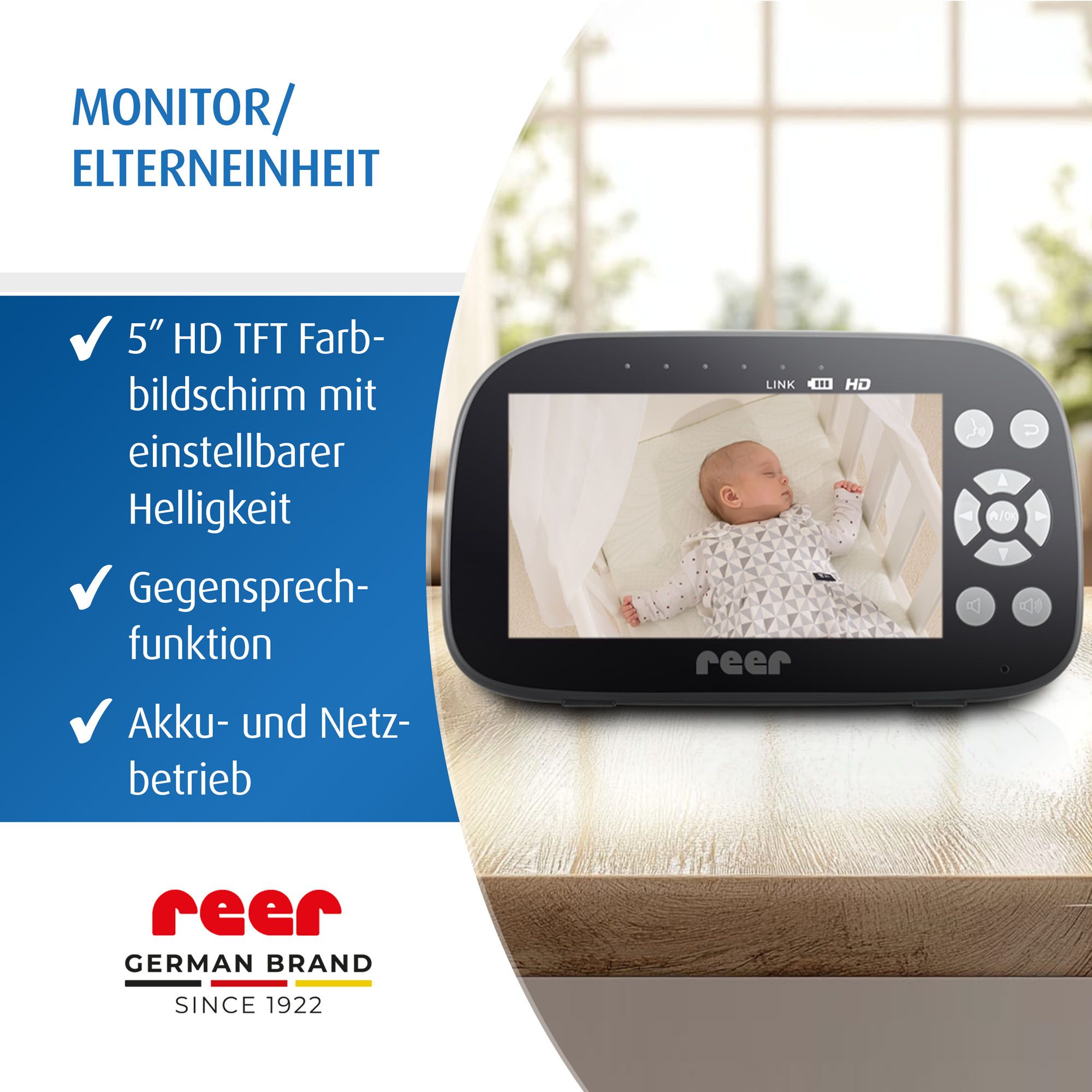 Monitor mit Babybildschirm. Text: 5" HD TFT-Farbbildschirm, Gegensprechfunktion, Akku- und Netzbetrieb. reer-Logo.