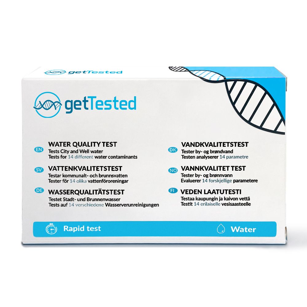 GetTested-Testpackung. Vorderseite mit Produktnamen und Logos. Enthält Informationen zu Wassertests und verschiedenen Sprachen.