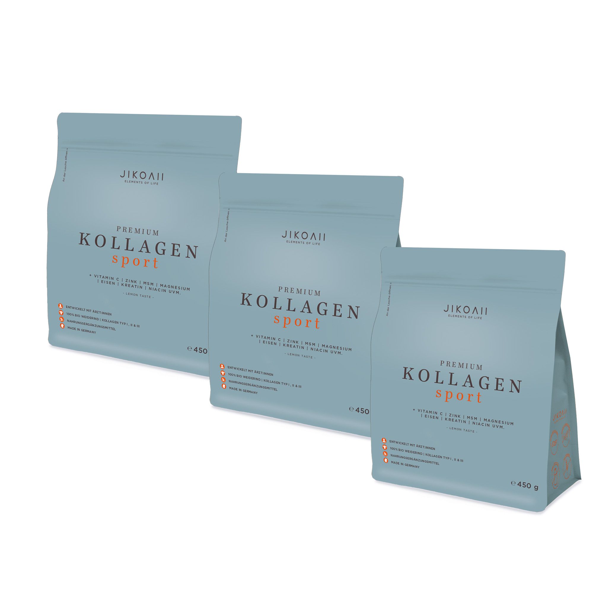 Drei Beutel JIKOAII Kollagen SPORT. Hellblaue Verpackung mit Produktinformationen und Logo. 450g.