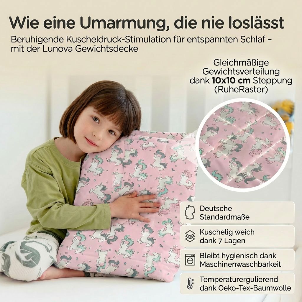 Rosa Gewichtsdecke mit Einhorn-Motiv, 10x10 cm Steppung, für Kinder.