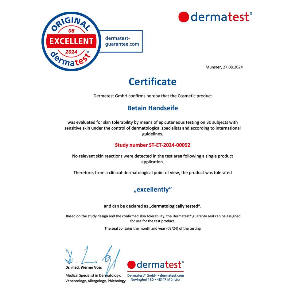 Zertifikat von Dermatest. Bestätigt die Hautverträglichkeit von Betain Handseife. Siegel 'exzellent'.