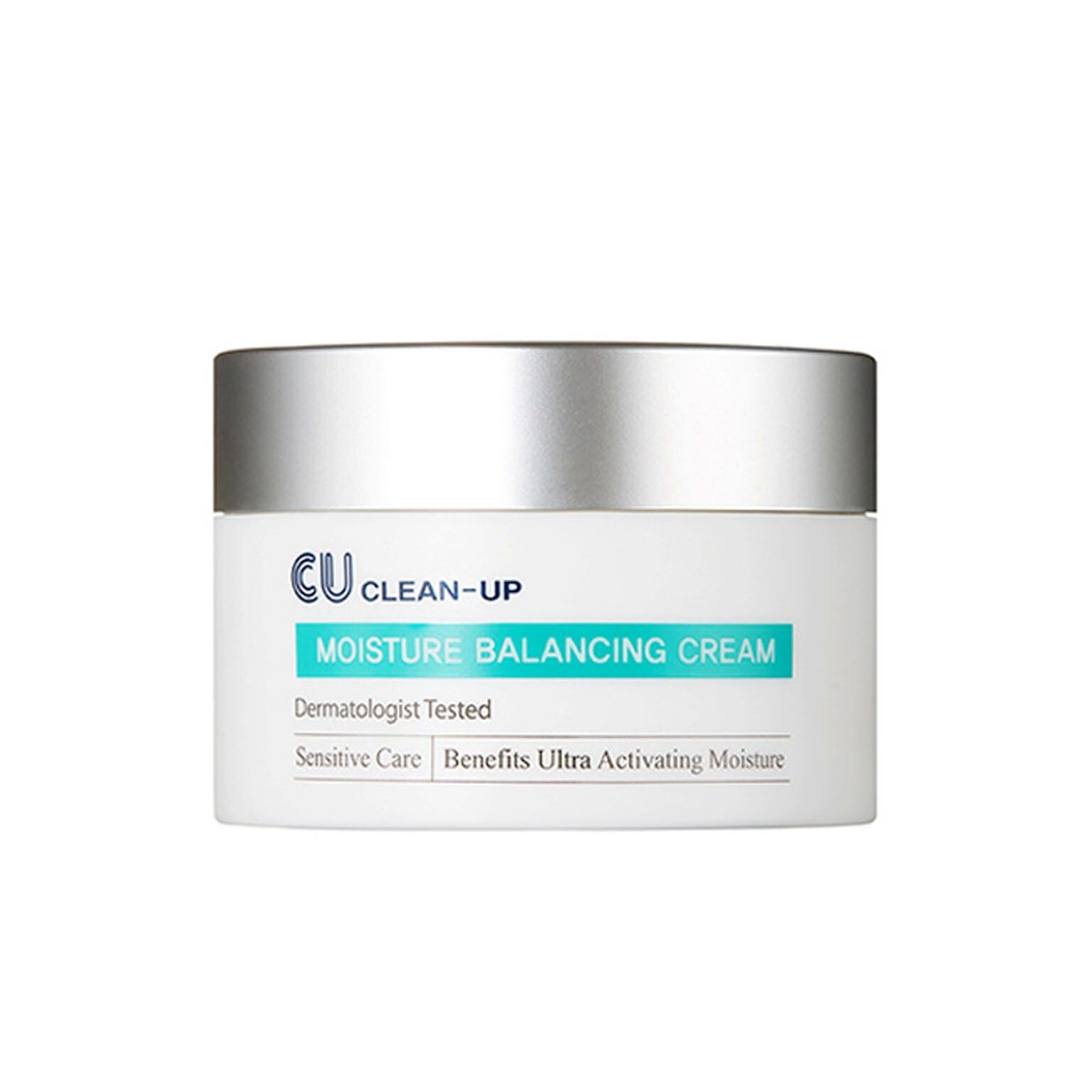 Creme-Dose mit silbernem Deckel. Aufschrift: CU CLEAN-UP MOISTURE BALANCING CREAM. Dermatologisch getestet. Für empfindliche Haut.