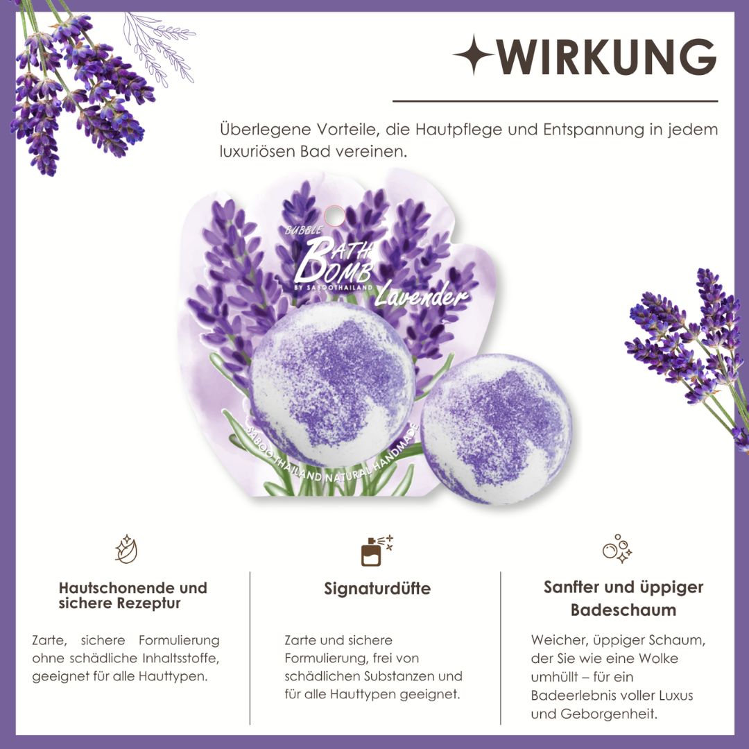 Wirkung: Hautschonend, Signaturdüfte, sanfter Badeschaum. Produkte: Bad Bomben, Lavendel-Motiv. Text: Lavender, by Tayoothailand.
