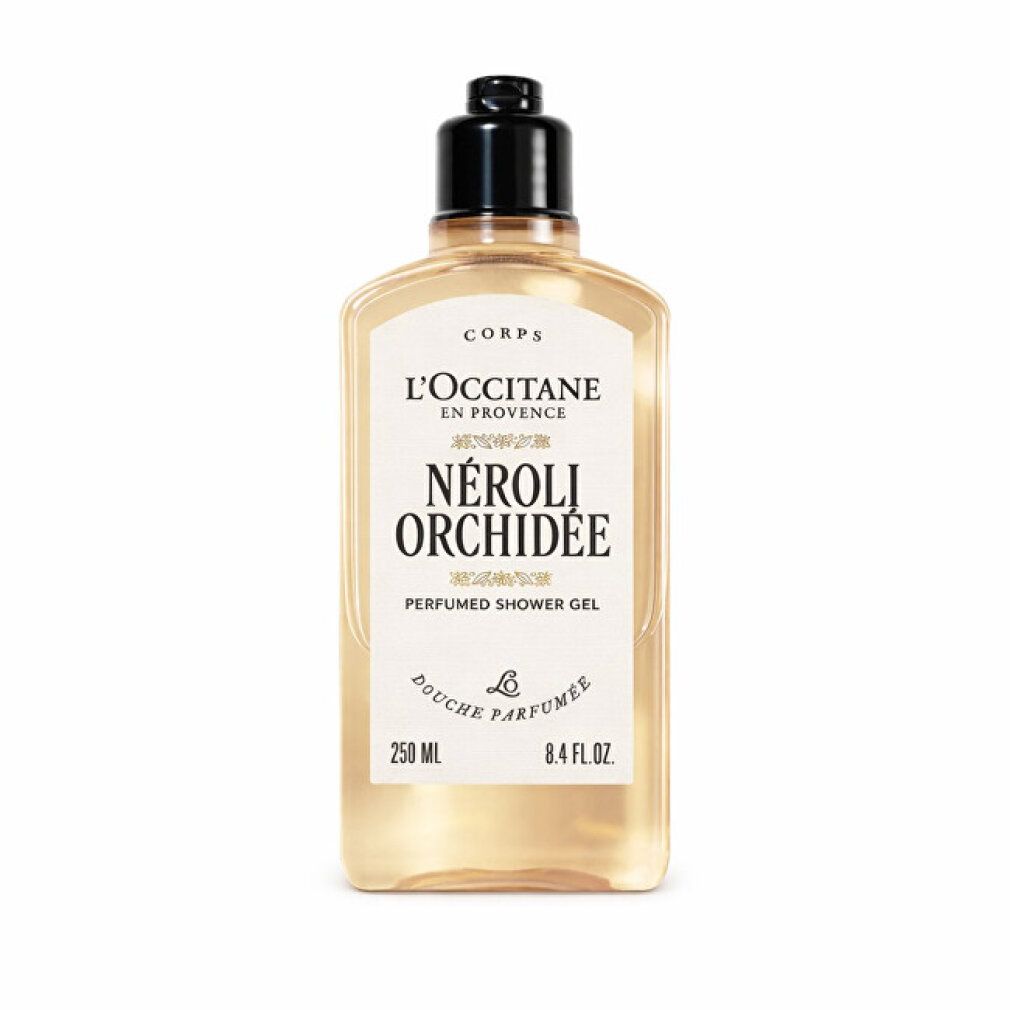 Körper-Duschgel, L'Occitane Néroli Orchidée. Transparente Flasche mit schwarzem Deckel. Produktname und Volumenangabe.