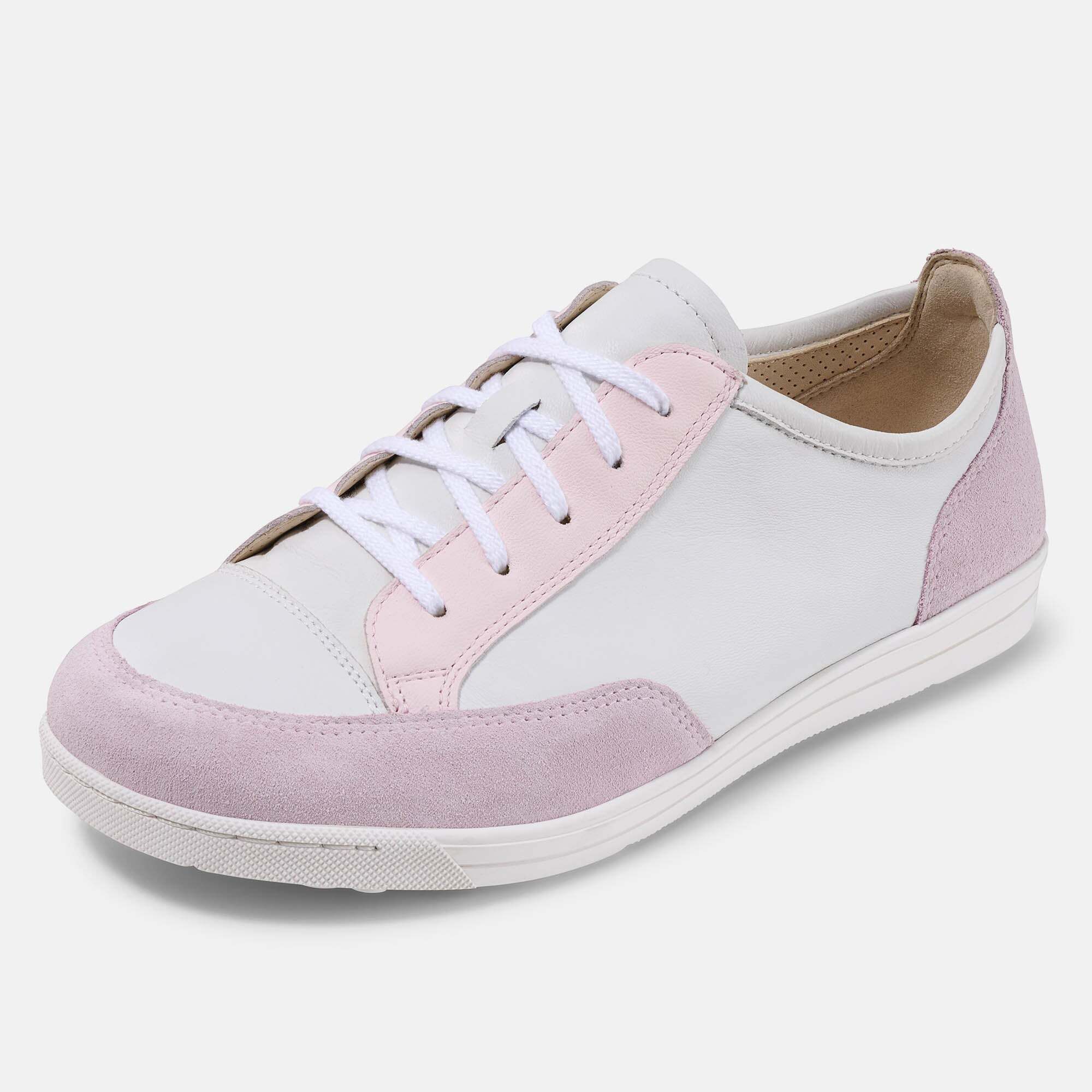 Weißer und rosafarbener Damen-Schnürschuh aus Leder und Wildleder. Seitenansicht.