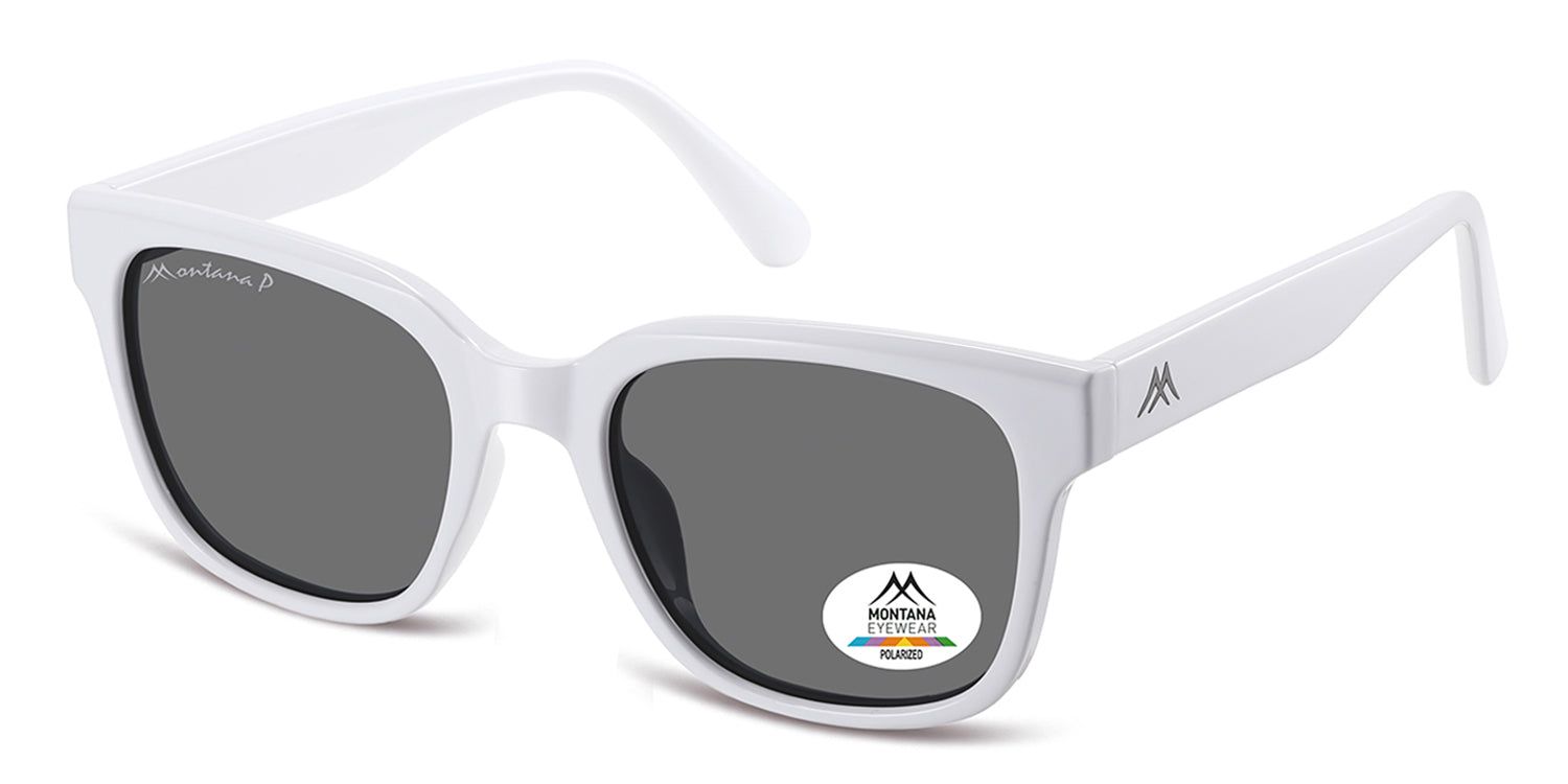 Weiße Sonnenbrille mit grauen Gläsern. Auf dem rechten Glas befindet sich ein Aufkleber mit Logo. Der Rahmen trägt den Schriftzug Montana.