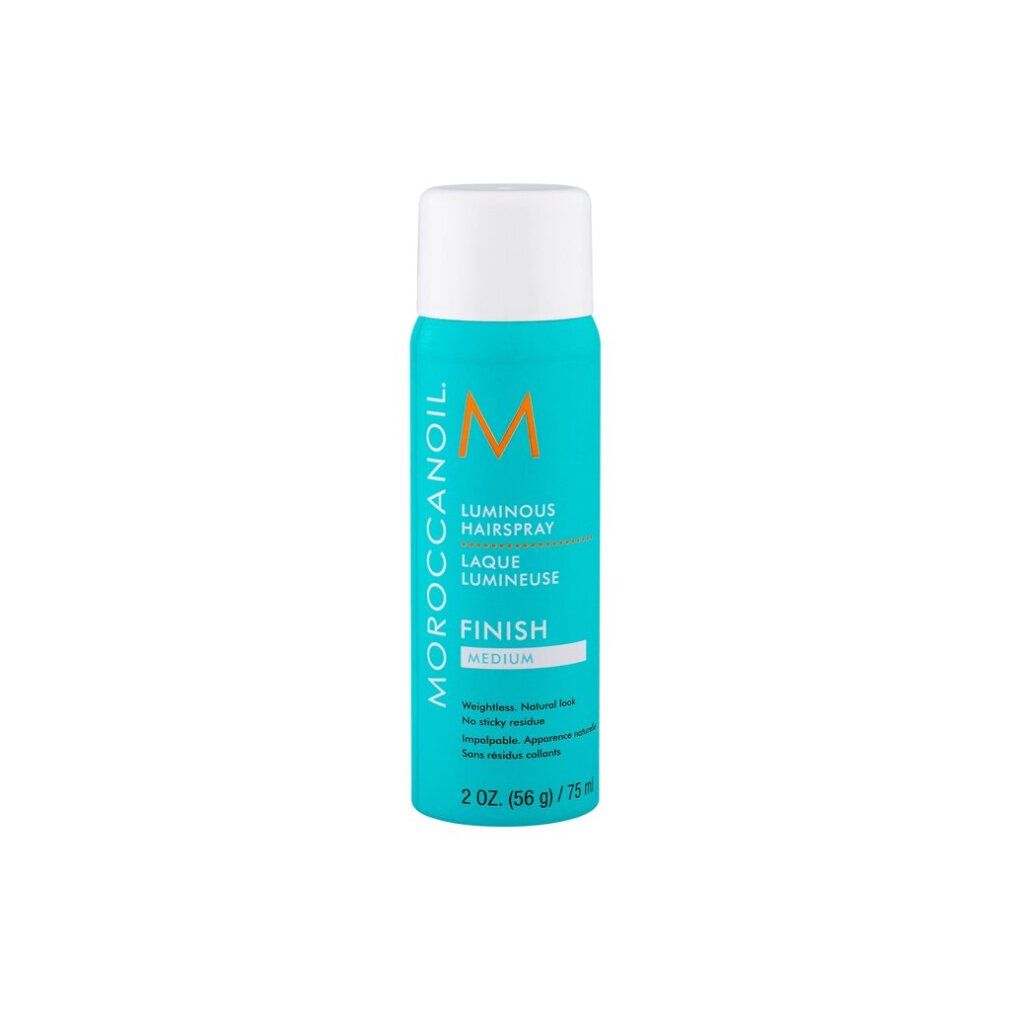 Türkisblaue Sprühflasche mit weißem Deckel. Aufschrift MOROCCANOIL, Luminous Hairspray, Finish Medium. Nettoinhalt: 2 oz. (56 g).