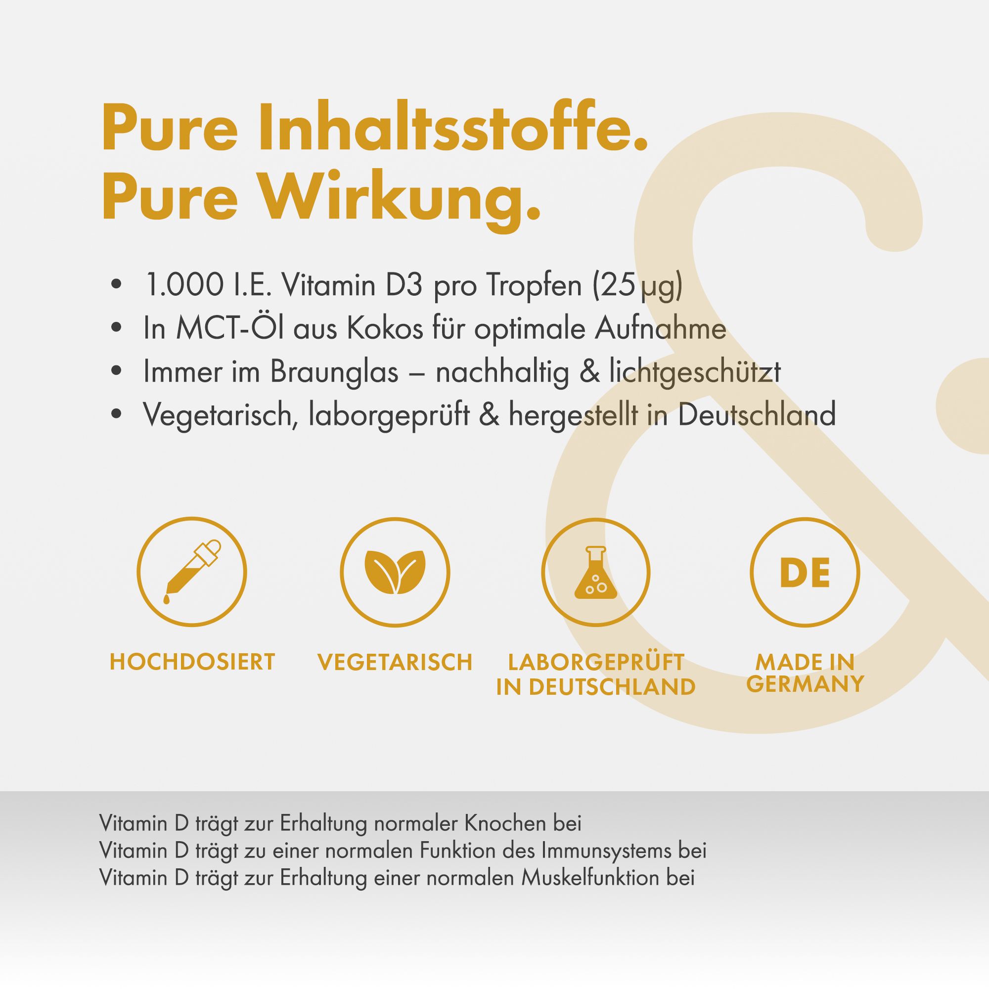Braunglasflasche mit Tropfen. Aufschrift: MINERALS & ME Vitamin D3. Symbole: hochdosiert, vegetarisch, laborgeprüft, Made in Germany.