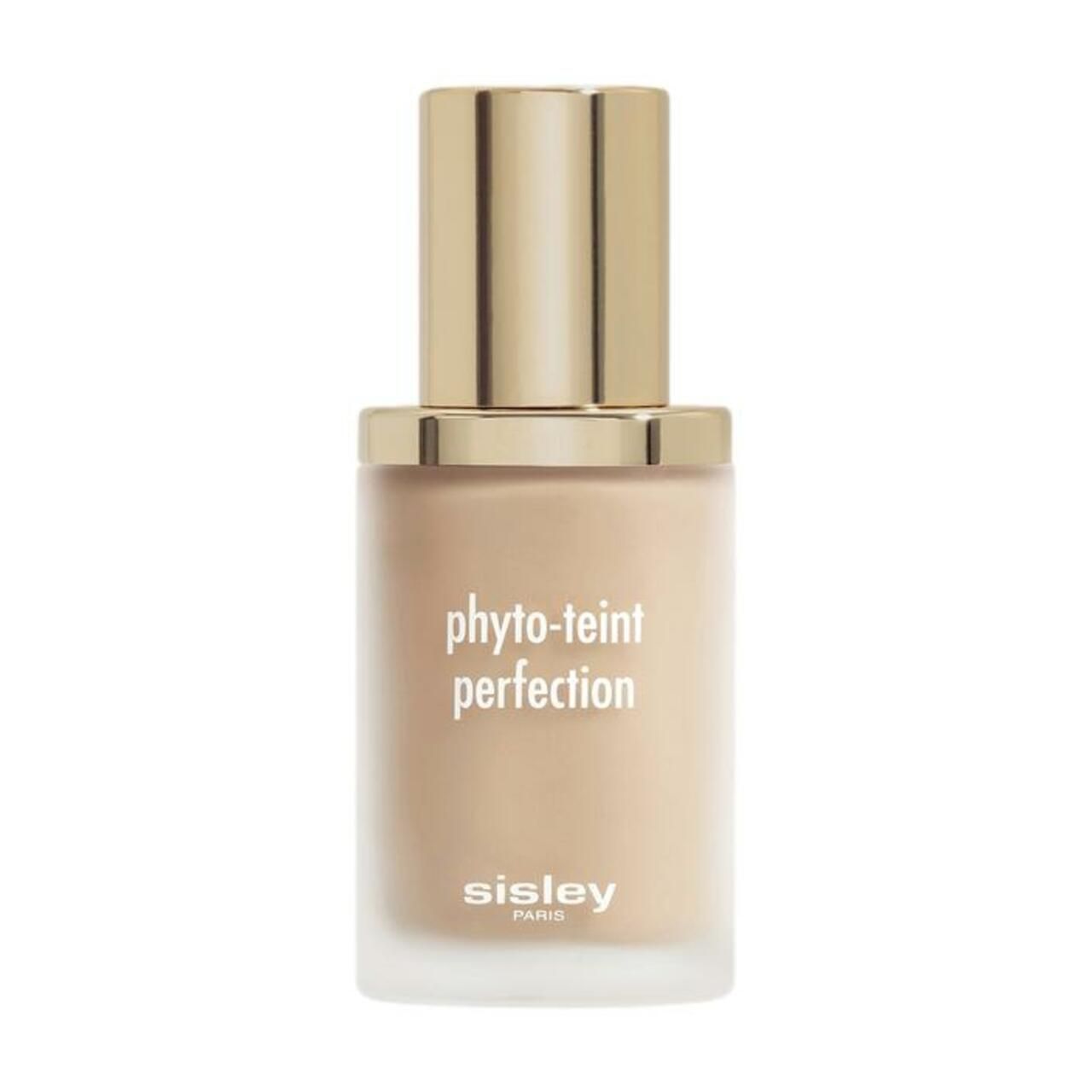 Sisley Phyto-Teint Perfection Flasche. Beige Flüssigkeit, goldfarbener Deckel. Markenname und Produktname.