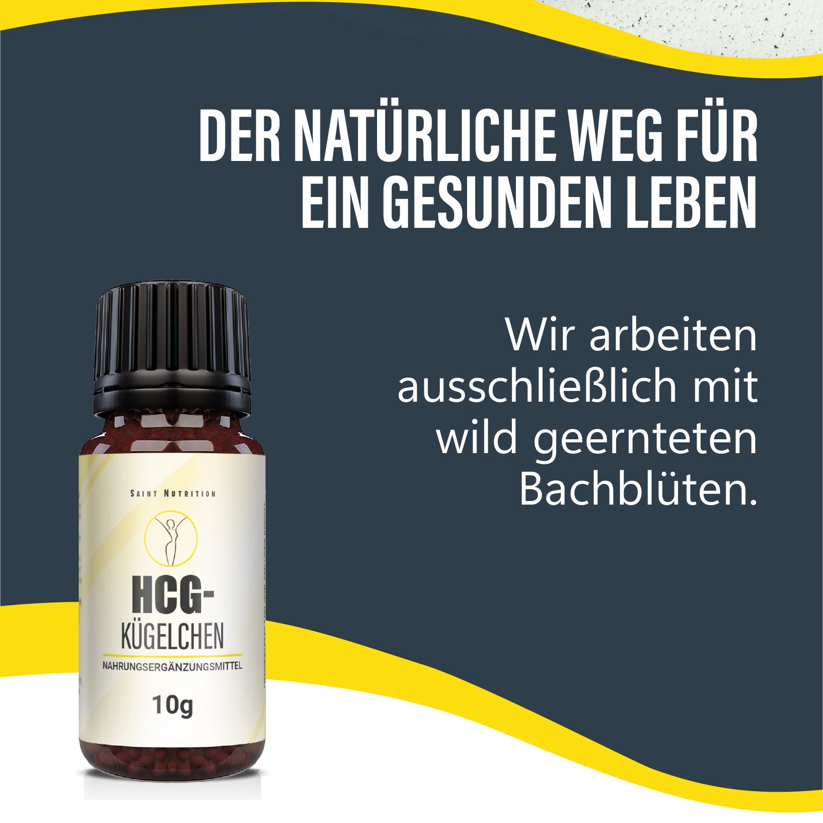 Braune Glasflasche mit schwarzem Deckel. Etikett mit "Saint Nutrition" und "HCG-Kügelchen". 10g. Text über Bachblüten.