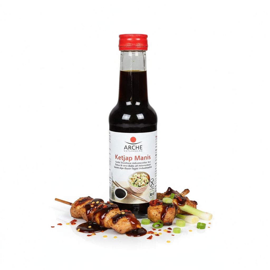 Flasche Arche Ketjap Manis neben Hähnchenspießen, garniert mit Frühlingszwiebeln und Chili.
